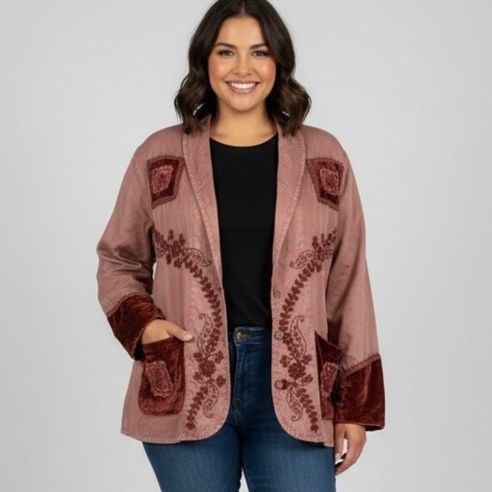 NEW India Boutique Embroidery‎ Jacket Women Large Red Rust Lagenlook Hand Dye
